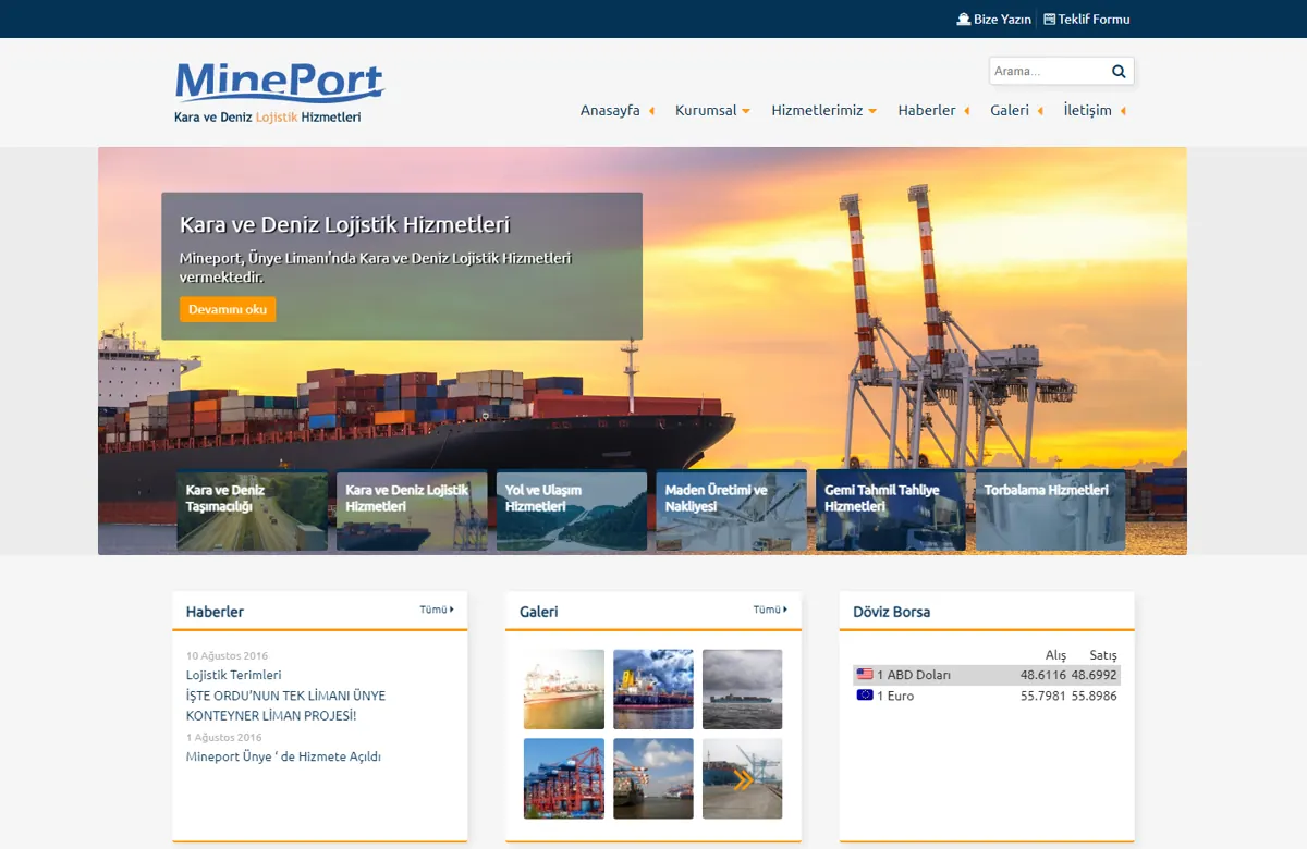 Mineport Lojistik web sitesi tasarımı önizlemesi