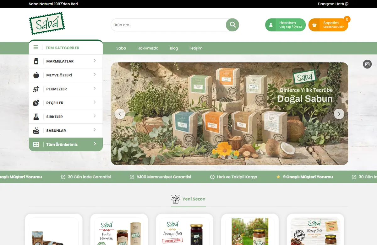 Saba Natural web sitesi tasarımı önizlemesi